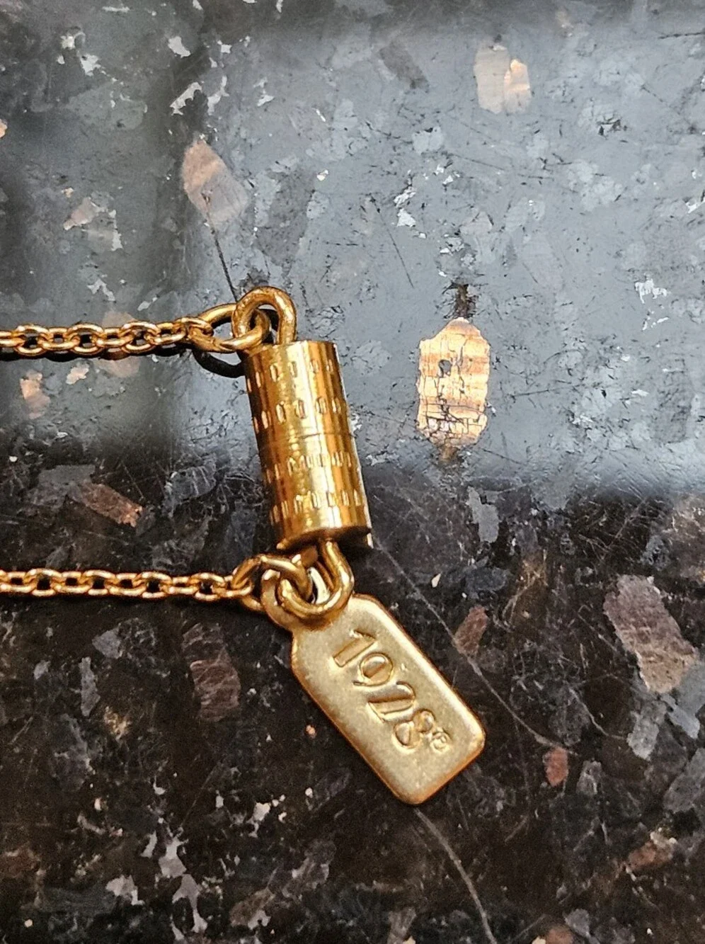 1928 Gold-Tone Circle Necklace with Blue Enamel Bird Bee Butterfly Charms